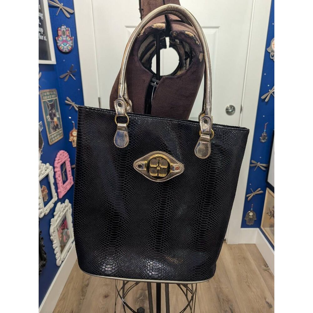 IMAN Faux Snakeskin Embossed Shoulder Bag Black Gold Zip Large Purse Tote Laptop